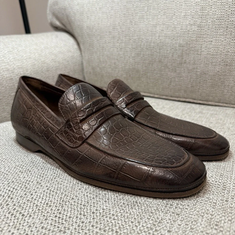 Cole Haan Brown‎ Crocodile-Embossed Leather Penny Loafers Size 8 Men